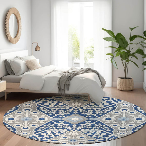 HomeRoots 8' Navy Blue Floral Round Rug - Washable, UV-Protected, Durable, Perfect for Homes with Kids & Pets 668552