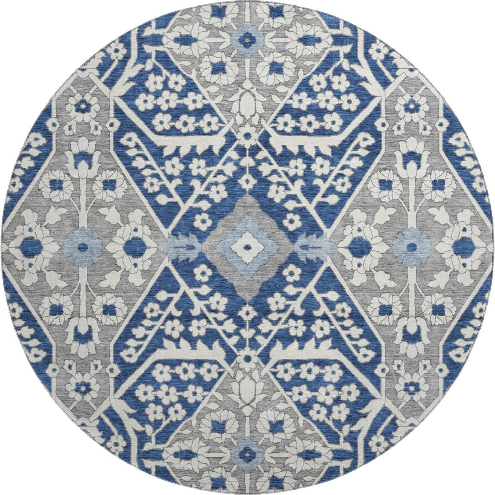 HomeRoots 8' Navy Blue Floral Round Rug - Washable, UV-Protected, Durable, Perfect for Homes with Kids & Pets 668552