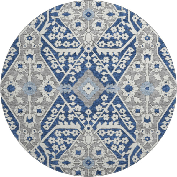 HomeRoots 8' Navy Blue Floral Round Rug - Washable, UV-Protected, Durable, Perfect for Homes with Kids & Pets 668552