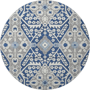 HomeRoots 8' Navy Blue Floral Round Rug - Washable, UV-Protected, Durable, Perfect for Homes with Kids & Pets 668552