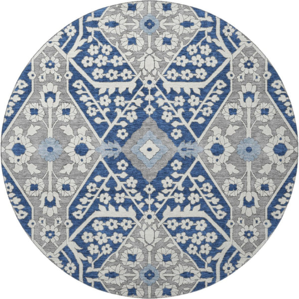 HomeRoots 8' Navy Blue Floral Round Rug - Washable, UV-Protected, Durable, Perfect for Homes with Kids & Pets 668552