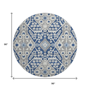 HomeRoots 8' Navy Blue Floral Round Rug - Washable, UV-Protected, Durable, Perfect for Homes with Kids & Pets 668552