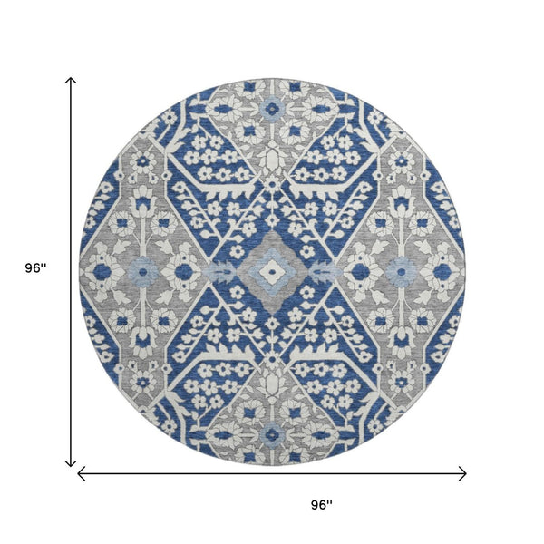 HomeRoots 8' Navy Blue Floral Round Rug - Washable, UV-Protected, Durable, Perfect for Homes with Kids & Pets 668552