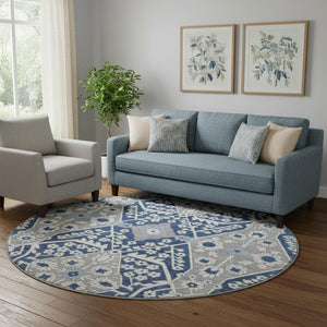 HomeRoots 8' Navy Blue Floral Round Rug - Washable, UV-Protected, Durable, Perfect for Homes with Kids & Pets 668552