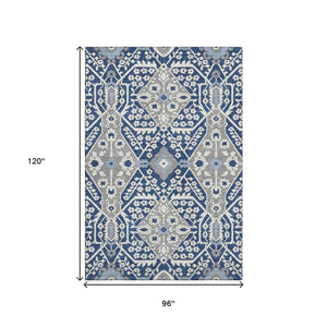 HomeRoots 8' X 10' Navy Blue Gray Ivory Floral Area Rug - Durable, Washable, Stain Resistant, UV Protected Decor 668553