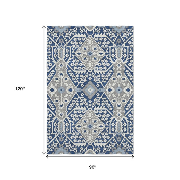 HomeRoots 8' X 10' Navy Blue Gray Ivory Floral Area Rug - Durable, Washable, Stain Resistant, UV Protected Decor 668553