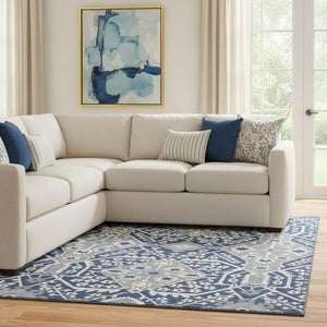 HomeRoots 8' X 10' Navy Blue Gray Ivory Floral Area Rug - Durable, Washable, Stain Resistant, UV Protected Decor 668553