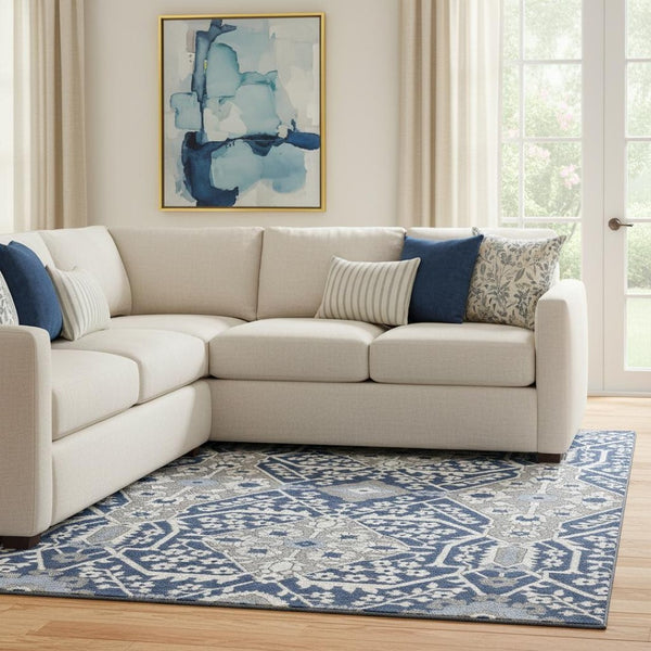 HomeRoots 8' X 10' Navy Blue Gray Ivory Floral Area Rug - Durable, Washable, Stain Resistant, UV Protected Decor 668553
