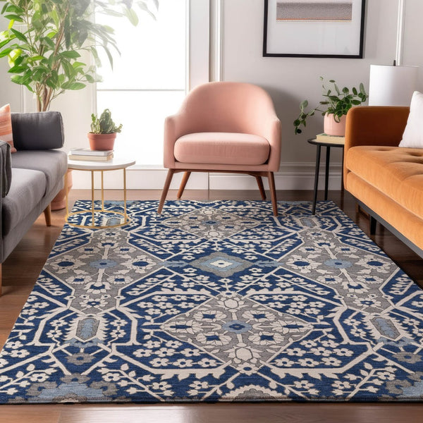 HomeRoots 8' X 10' Navy Blue Gray Ivory Floral Area Rug - Durable, Washable, Stain Resistant, UV Protected Decor 668553