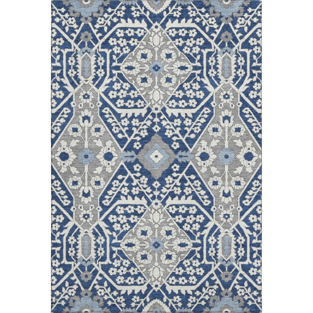 HomeRoots 8' X 10' Navy Blue Gray Ivory Floral Area Rug - Durable, Washable, Stain Resistant, UV Protected Decor 668553