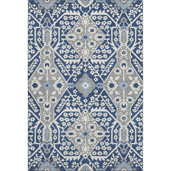 HomeRoots 8' X 10' Navy Blue Gray Ivory Floral Area Rug - Durable, Washable, Stain Resistant, UV Protected Decor 668553
