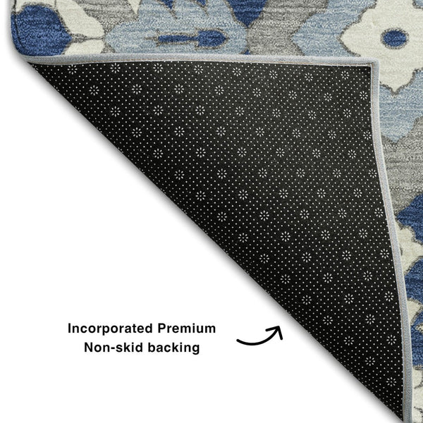 HomeRoots 8' X 10' Navy Blue Gray Ivory Floral Area Rug - Durable, Washable, Stain Resistant, UV Protected Decor 668553