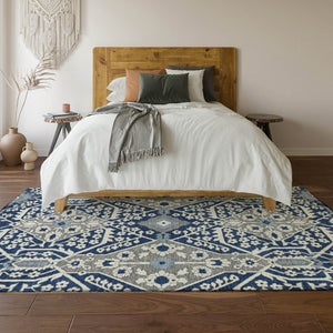 HomeRoots 8' X 10' Navy Blue Gray Ivory Floral Area Rug - Durable, Washable, Stain Resistant, UV Protected Decor 668553