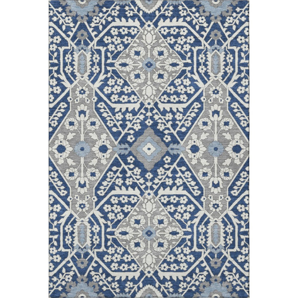 HomeRoots 8' X 10' Navy Blue Gray Ivory Floral Area Rug - Durable, Washable, Stain Resistant, UV Protected Decor 668553