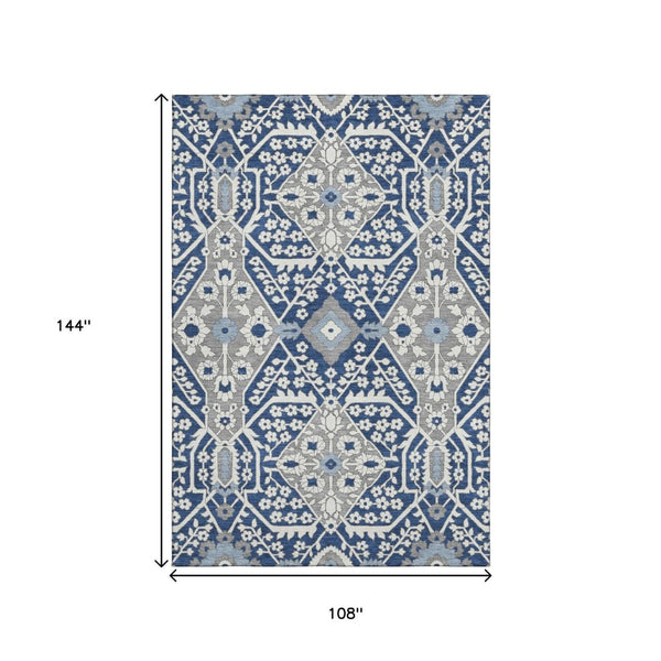 HomeRoots 9' X 12' Navy Blue Gray Ivory Floral Area Rug - Washable, UV Protected, Durable for High-Traffic Areas 668554