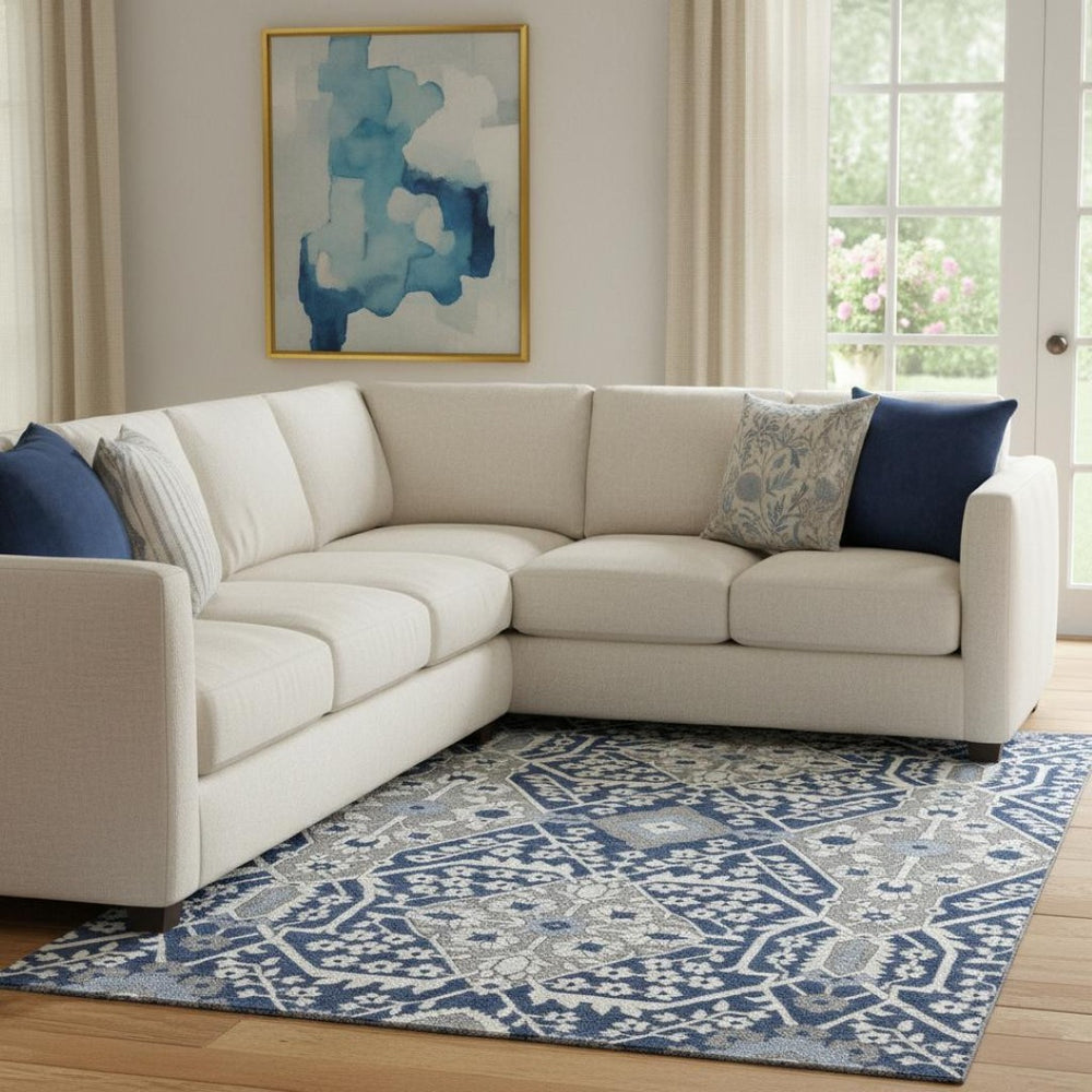 HomeRoots 9' X 12' Navy Blue Gray Ivory Floral Area Rug - Washable, UV Protected, Durable for High-Traffic Areas 668554