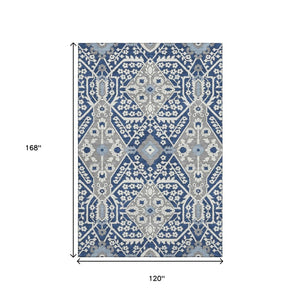 HomeRoots 10' Washable Navy Blue, Gray & Ivory Floral Area Rug with UV Protection for Stylish Home Décor 668555