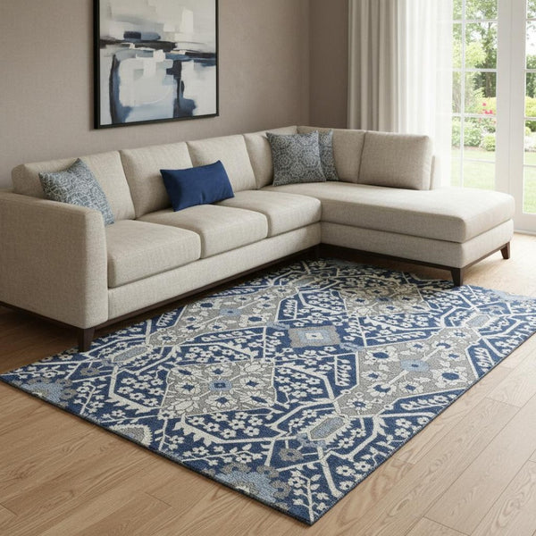 HomeRoots 10' Washable Navy Blue, Gray & Ivory Floral Area Rug with UV Protection for Stylish Home Décor 668555