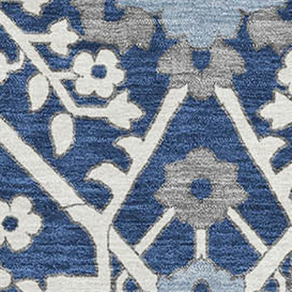 HomeRoots 10' Washable Navy Blue, Gray & Ivory Floral Area Rug with UV Protection for Stylish Home Décor 668555