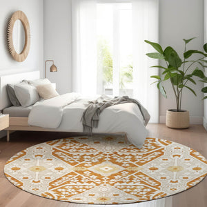 HomeRoots 8' Washable Round Rug in Rust, Beige & Gold Floral Design with UV Protection for High-Traffic Areas 668558
