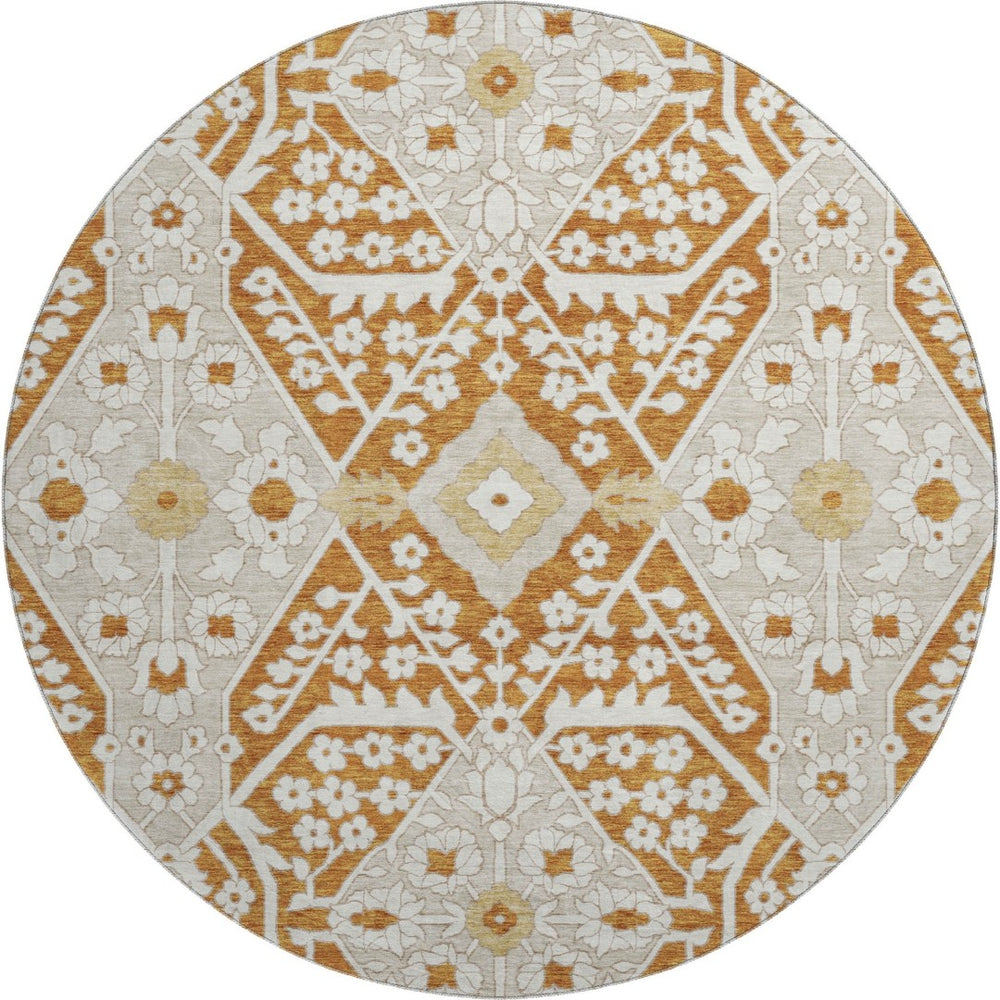 HomeRoots 8' Washable Round Rug in Rust, Beige & Gold Floral Design with UV Protection for High-Traffic Areas 668558