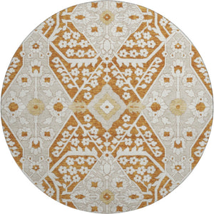 HomeRoots 8' Washable Round Rug in Rust, Beige & Gold Floral Design with UV Protection for High-Traffic Areas 668558