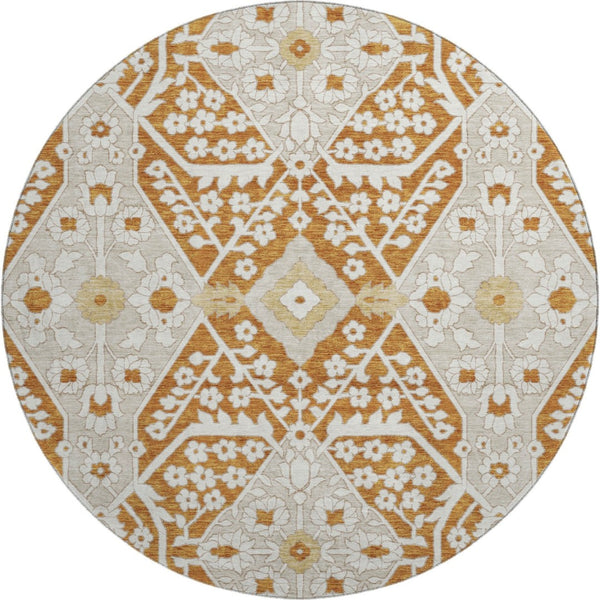 HomeRoots 8' Washable Round Rug in Rust, Beige & Gold Floral Design with UV Protection for High-Traffic Areas 668558