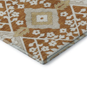 HomeRoots 8' Washable Round Rug in Rust, Beige & Gold Floral Design with UV Protection for High-Traffic Areas 668558