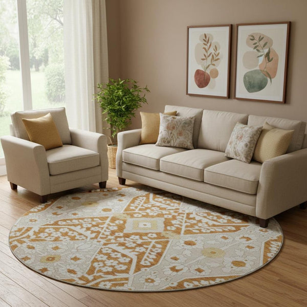 HomeRoots 8' Washable Round Rug in Rust, Beige & Gold Floral Design with UV Protection for High-Traffic Areas 668558