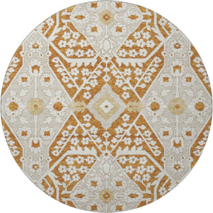HomeRoots 8' Washable Round Rug in Rust, Beige & Gold Floral Design with UV Protection for High-Traffic Areas 668558