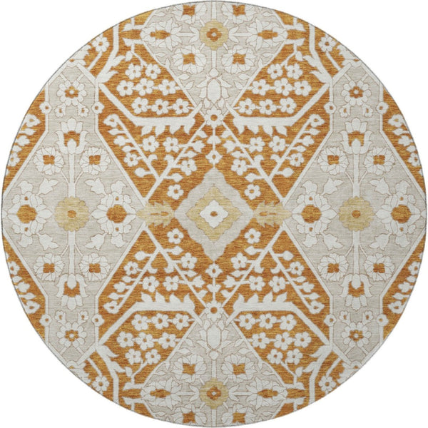 HomeRoots 8' Washable Round Rug in Rust, Beige & Gold Floral Design with UV Protection for High-Traffic Areas 668558