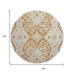 HomeRoots 8' Washable Round Rug in Rust, Beige & Gold Floral Design with UV Protection for High-Traffic Areas 668558