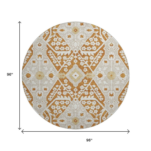 HomeRoots 8' Washable Round Rug in Rust, Beige & Gold Floral Design with UV Protection for High-Traffic Areas 668558