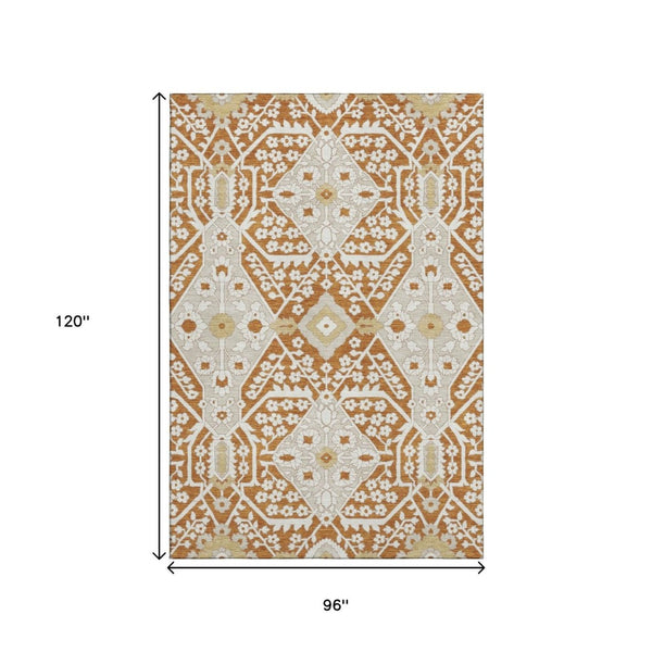 HomeRoots 8' X 10' Elegant Rust Beige & Gold Floral Area Rug - Washable, Stain Resistant, UV Protected Design 668559