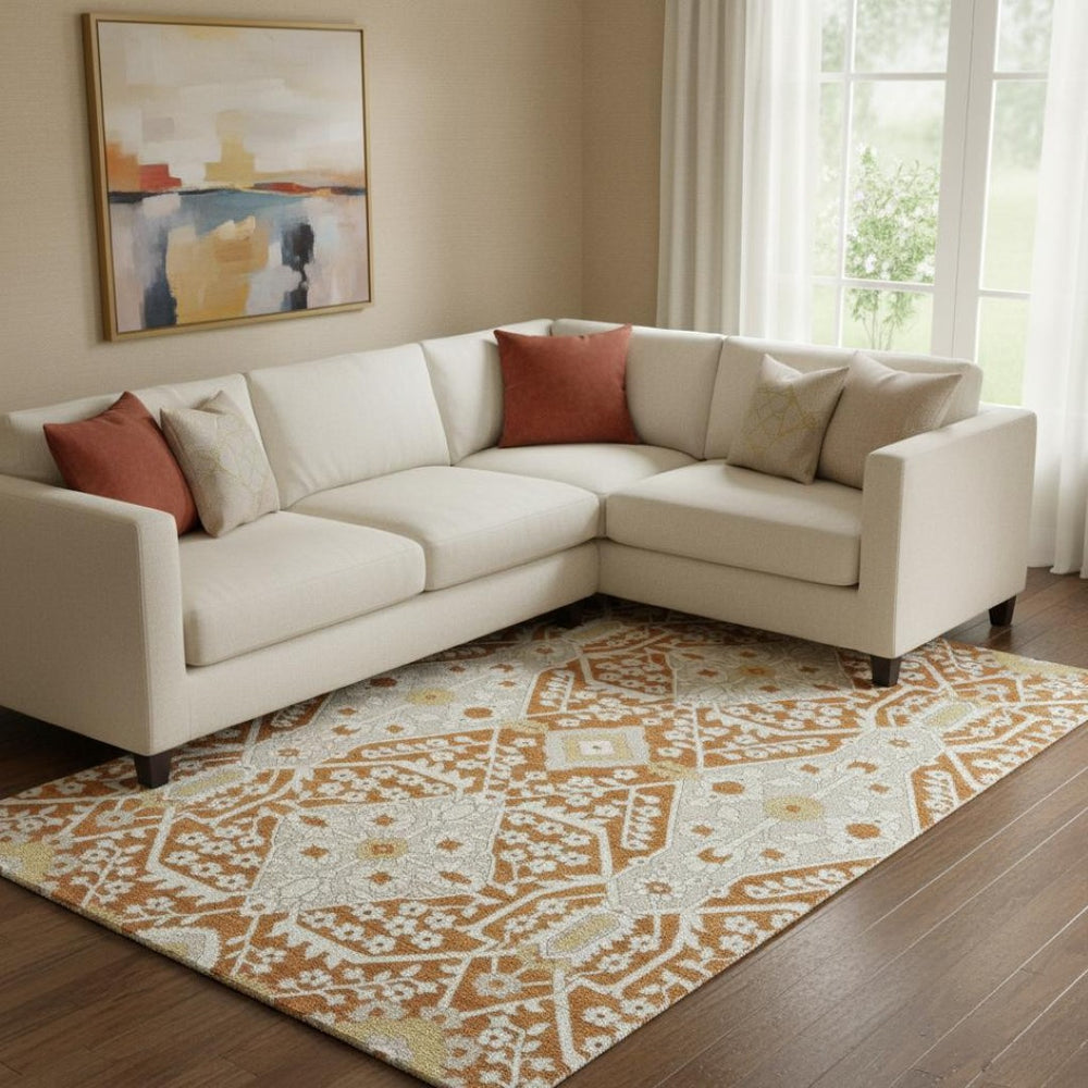 HomeRoots 8' X 10' Elegant Rust Beige & Gold Floral Area Rug - Washable, Stain Resistant, UV Protected Design 668559