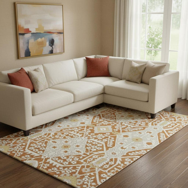 HomeRoots 8' X 10' Elegant Rust Beige & Gold Floral Area Rug - Washable, Stain Resistant, UV Protected Design 668559