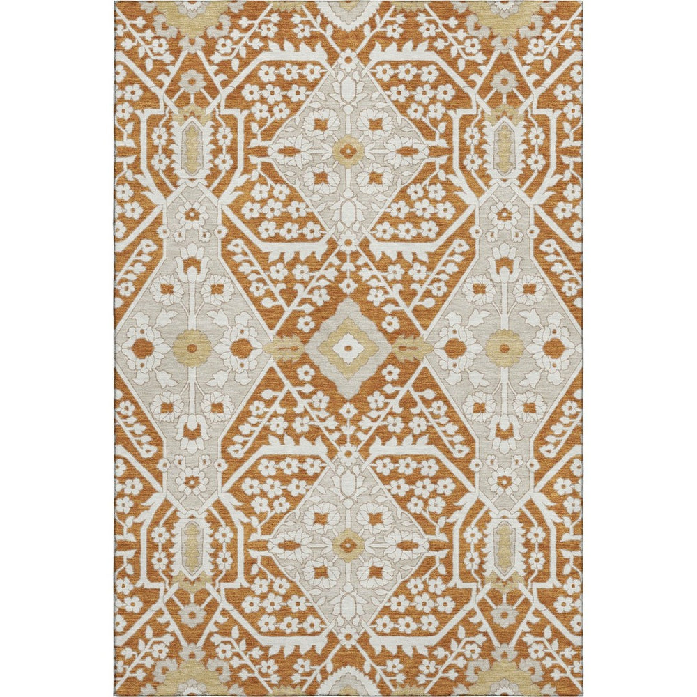 HomeRoots 8' X 10' Elegant Rust Beige & Gold Floral Area Rug - Washable, Stain Resistant, UV Protected Design 668559