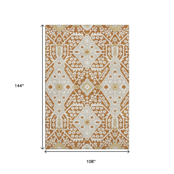 HomeRoots 9' X 12' Elegant Rust Beige and Gold Floral Washable Area Rug with Stain Resistance and UV Shield 668560