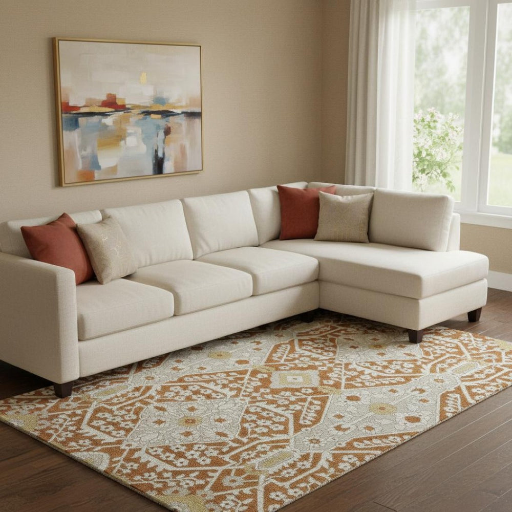 HomeRoots 9' X 12' Elegant Rust Beige and Gold Floral Washable Area Rug with Stain Resistance and UV Shield 668560