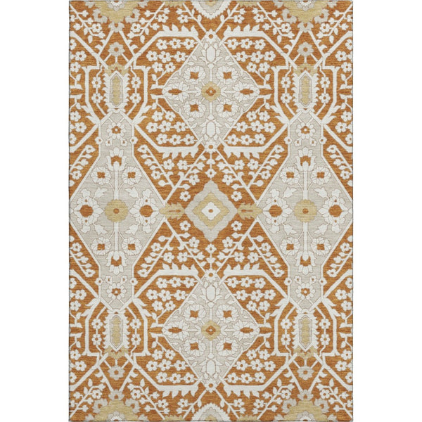 HomeRoots 9' X 12' Elegant Rust Beige and Gold Floral Washable Area Rug with Stain Resistance and UV Shield 668560