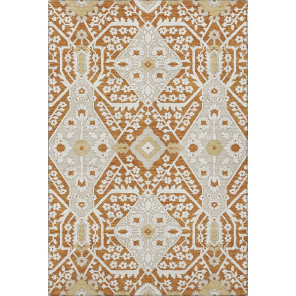HomeRoots 9' X 12' Elegant Rust Beige and Gold Floral Washable Area Rug with Stain Resistance and UV Shield 668560