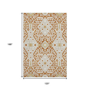 HomeRoots 10' X 14' Elegant Rust Beige & Gold Floral Area Rug - Washable, Stain-Resistant, UV Protected Design 668561