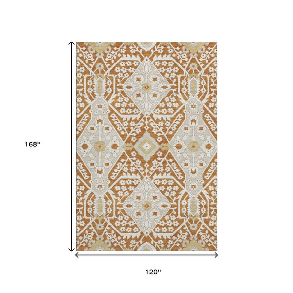HomeRoots 10' X 14' Elegant Rust Beige & Gold Floral Area Rug - Washable, Stain-Resistant, UV Protected Design 668561