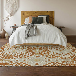HomeRoots 10' X 14' Elegant Rust Beige & Gold Floral Area Rug - Washable, Stain-Resistant, UV Protected Design 668561