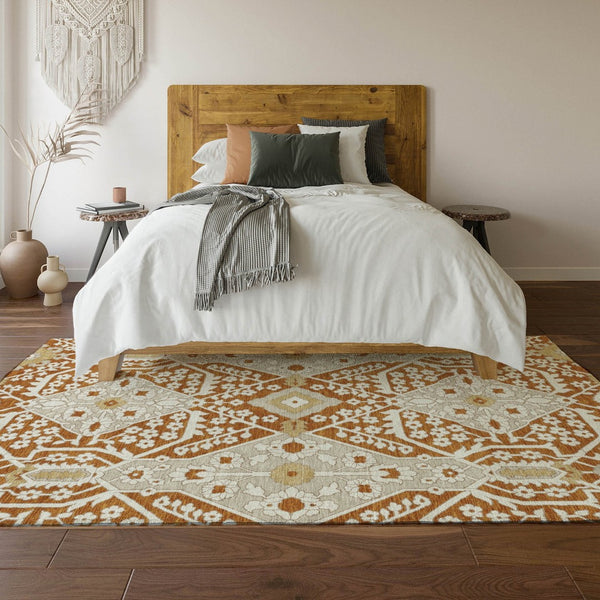 HomeRoots 10' X 14' Elegant Rust Beige & Gold Floral Area Rug - Washable, Stain-Resistant, UV Protected Design 668561