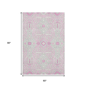 HomeRoots 5' X 8' Pink Ivory Gray Floral Washable Area Rug - Soft, Stain Resistant, UV Protected for Durability 668563