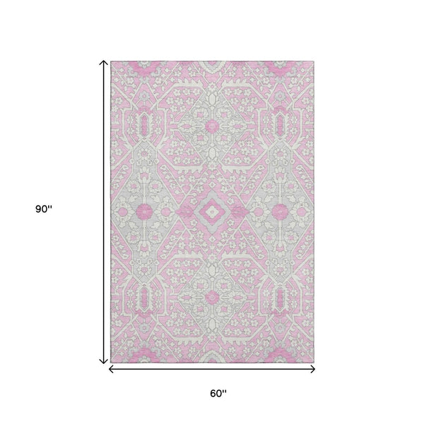 HomeRoots 5' X 8' Pink Ivory Gray Floral Washable Area Rug - Soft, Stain Resistant, UV Protected for Durability 668563