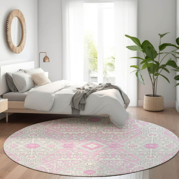 HomeRoots 8' Elegant Floral Washable Round Rug in Pink, Ivory & Gray with UV Protection for High-Traffic Areas 668564