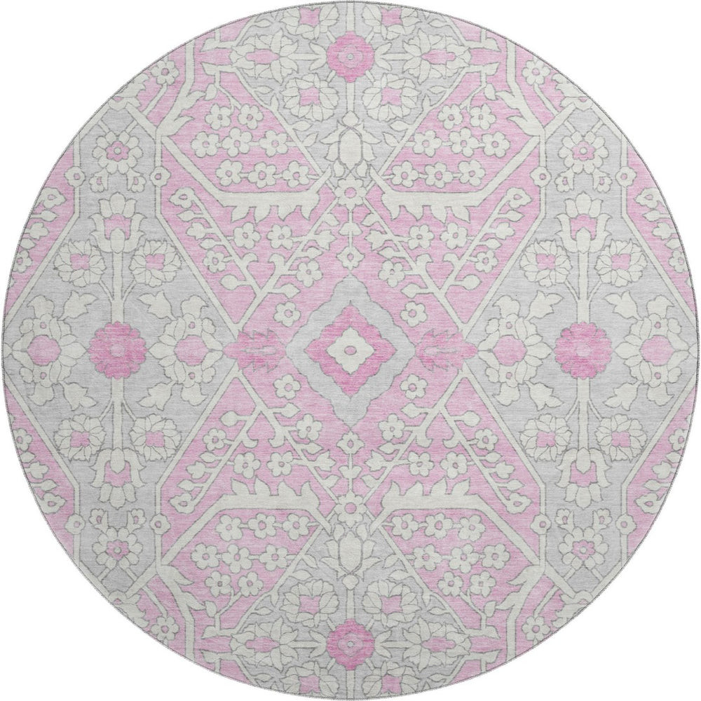 HomeRoots 8' Elegant Floral Washable Round Rug in Pink, Ivory & Gray with UV Protection for High-Traffic Areas 668564