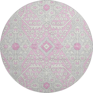 HomeRoots 8' Elegant Floral Washable Round Rug in Pink, Ivory & Gray with UV Protection for High-Traffic Areas 668564